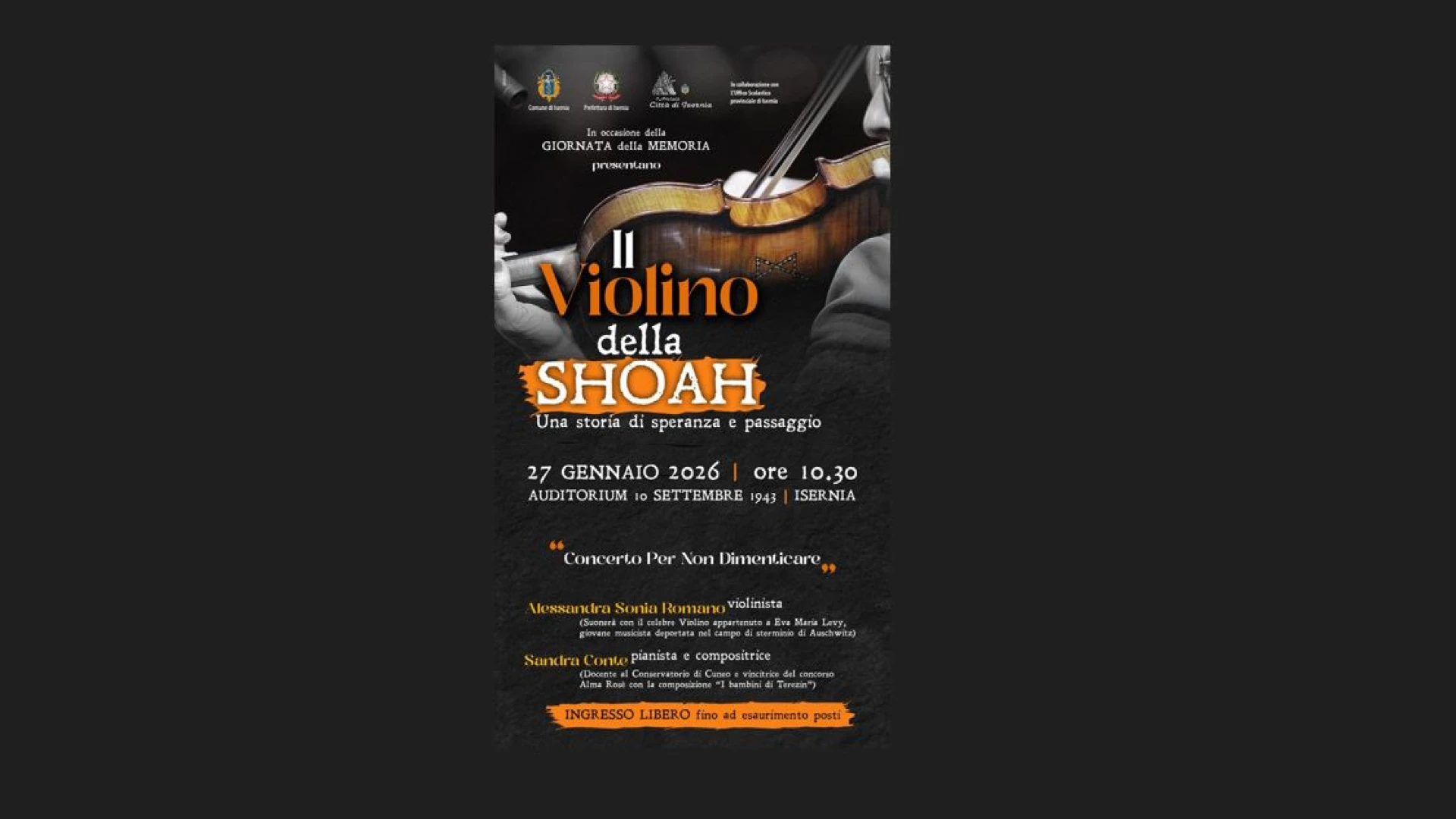 Il "Violino della Shoah" suona a Isernia: Alessandra Sonia Romano e Sandra Conte in concerto per il Giorno della Memoria.
